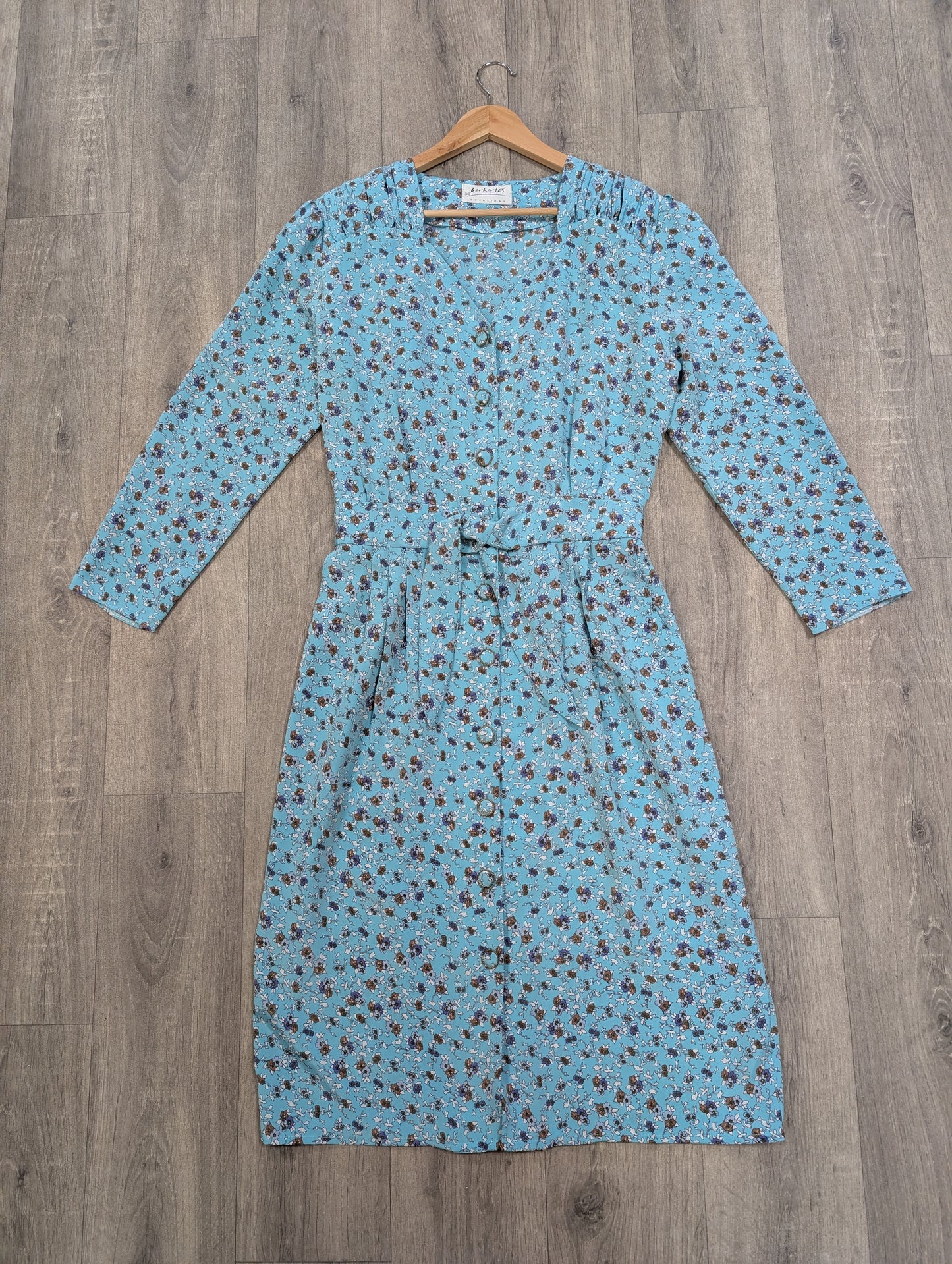 1980s Berkertex blue floral dress - Size 14