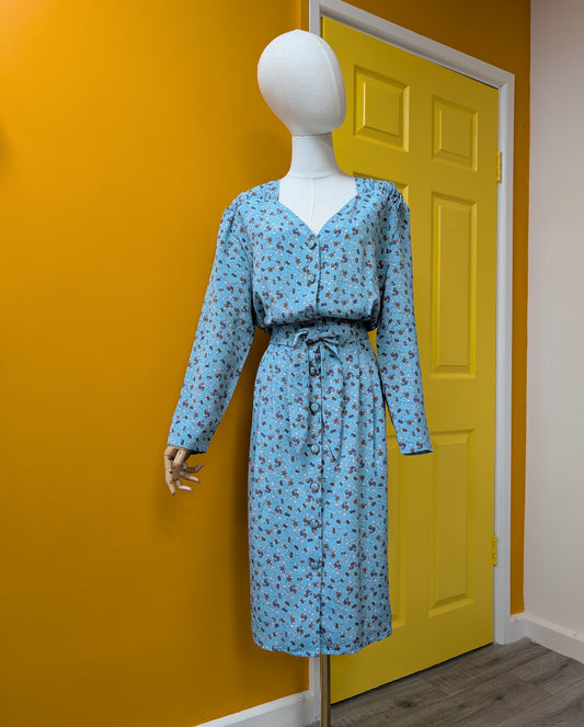 1980s Berkertex blue floral dress - Size 14