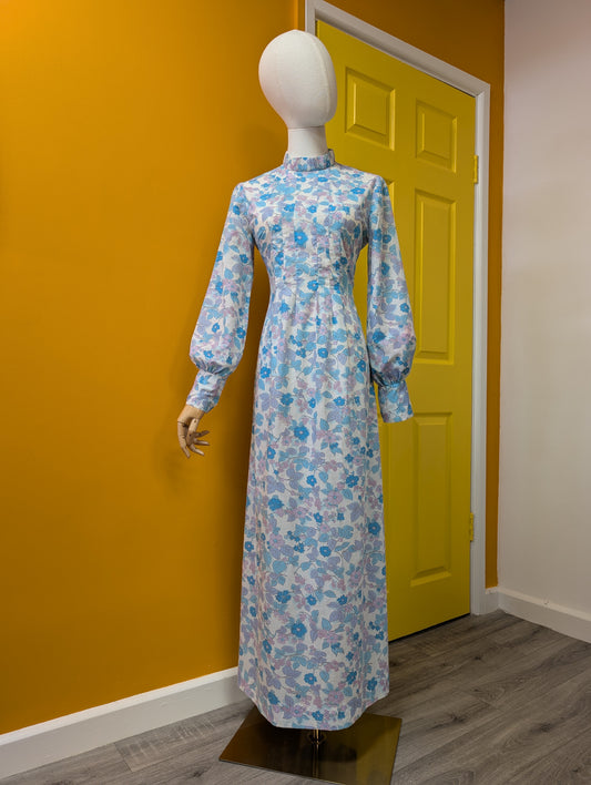 1970s blue floral maxi dress - S/8/10