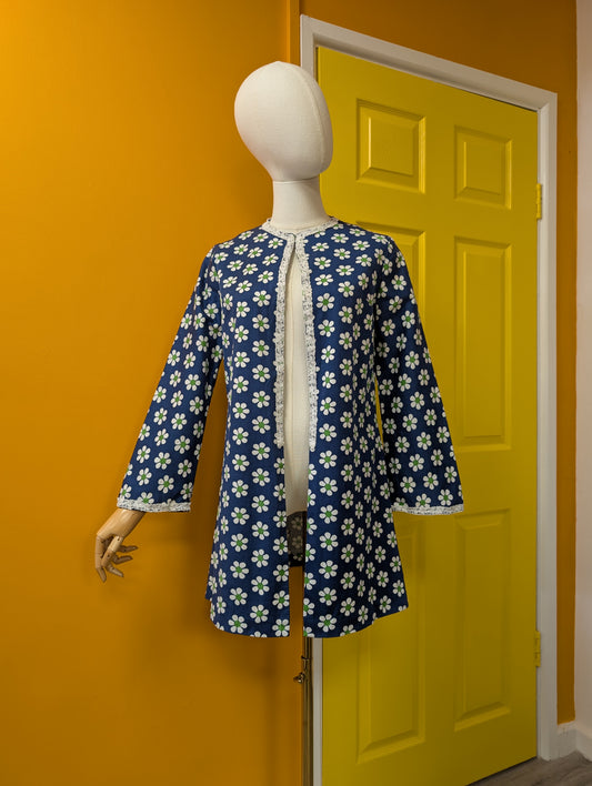 1960s daisy print cotton with lace trim jacket - XS/S