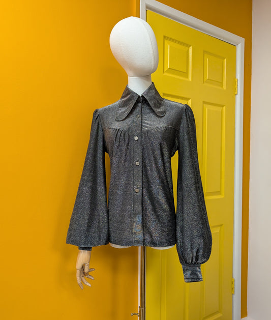 Epic 1970s silver lurex shirt with beagle collar - XS/S