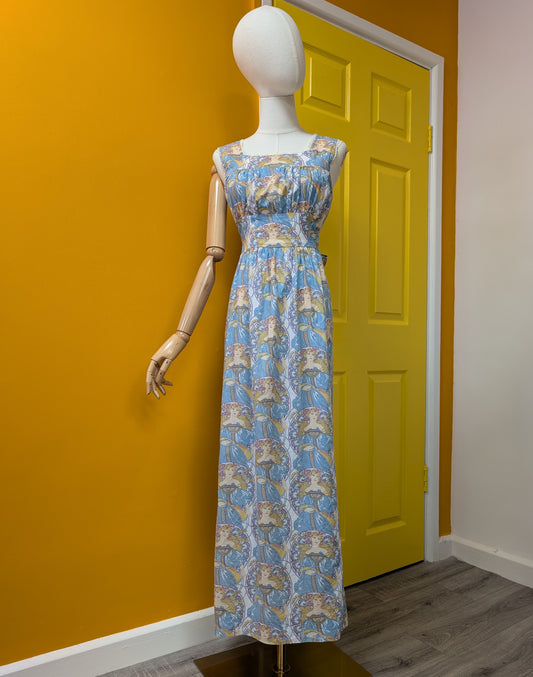 1970s Alphonse Mucha Art Nouveau print maxi dress - S/8/10