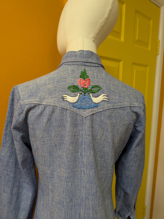 Sweet 1970s embroidered Indian cotton dagger collar shirt - S