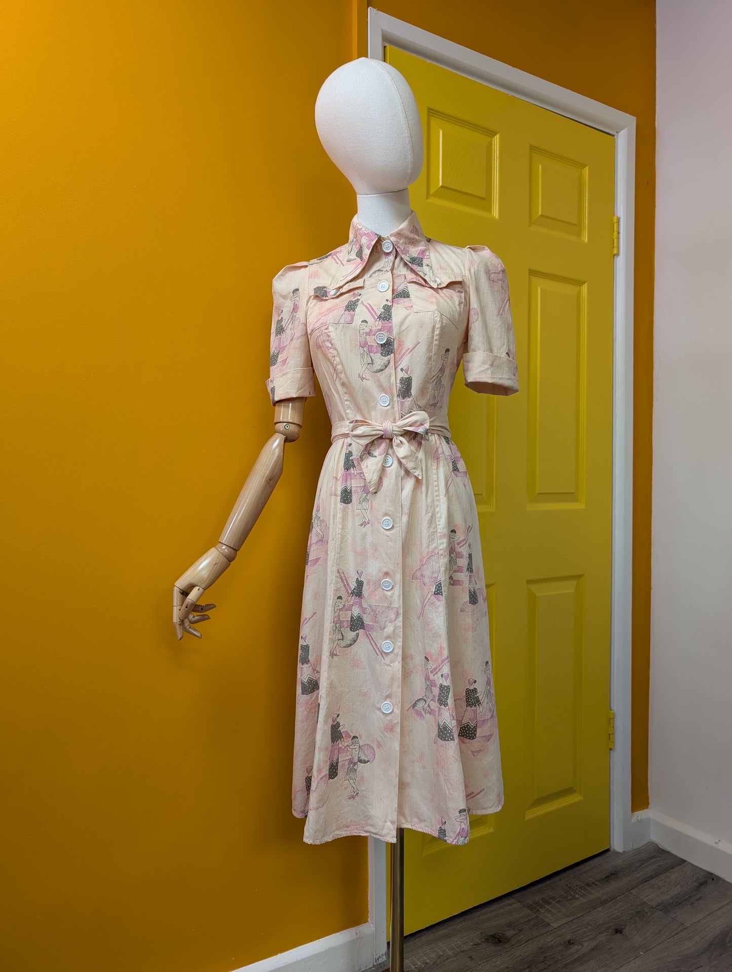 1970s Art Deco print cotton dagger collar dress - XS/6/8