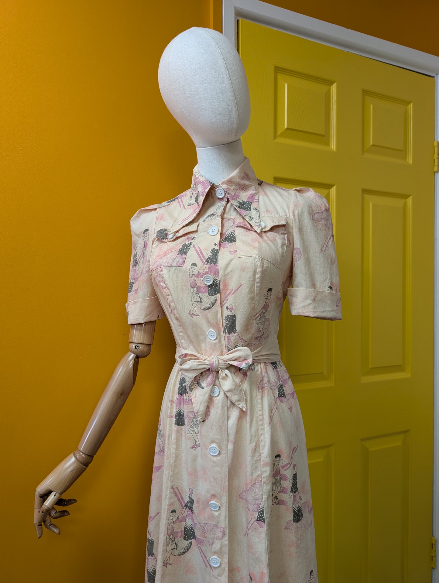 1970s Art Deco print cotton dagger collar dress - XS/6/8
