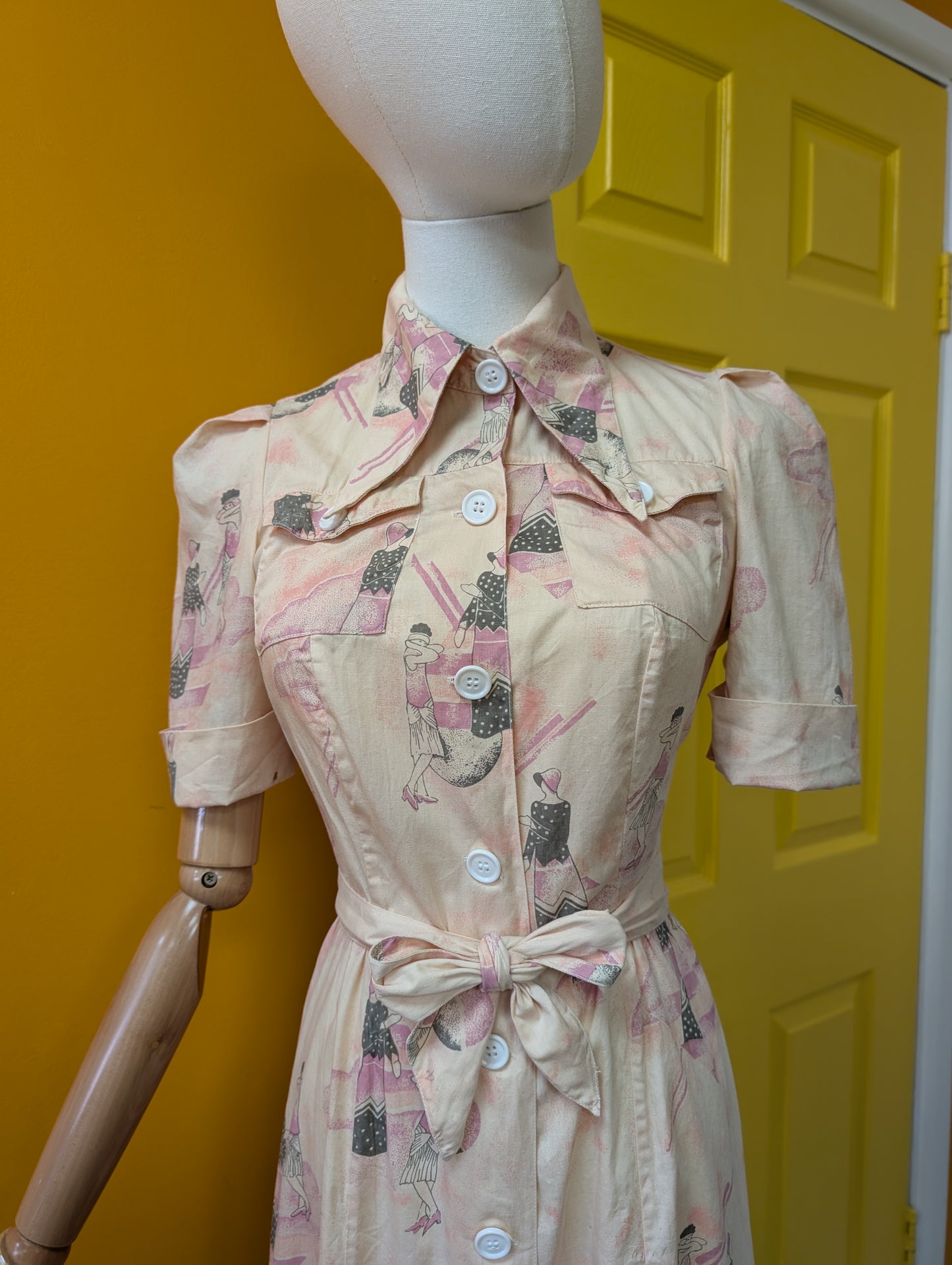 1970s Art Deco print cotton dagger collar dress - XS/6/8