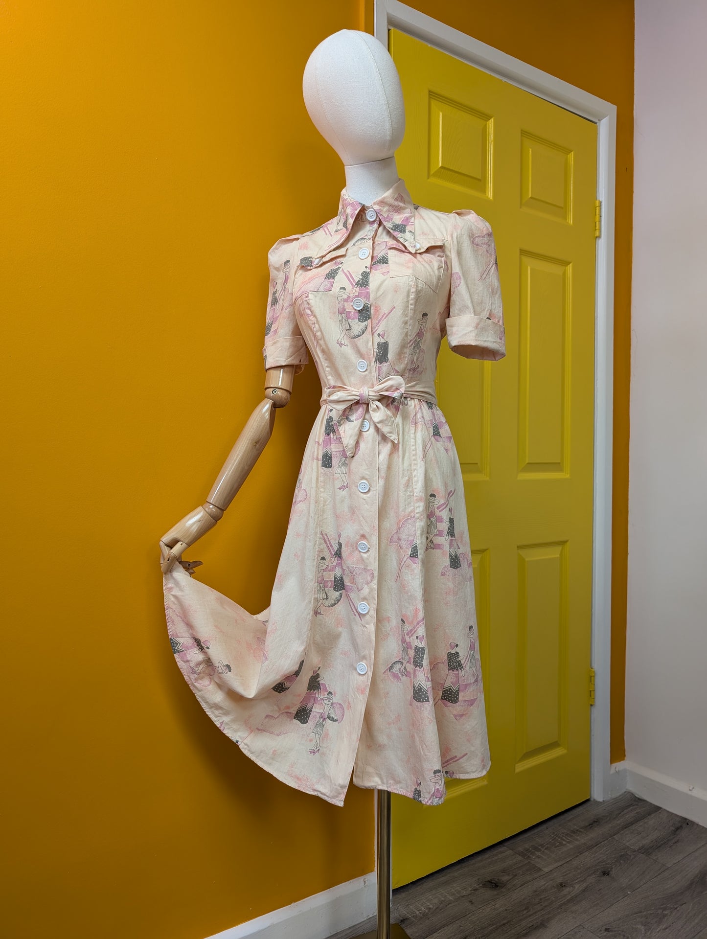 1970s Art Deco print cotton dagger collar dress - XS/6/8