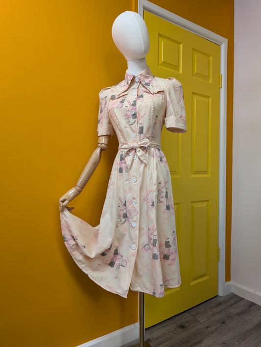 1970s Art Deco print cotton dagger collar dress - XS/6/8