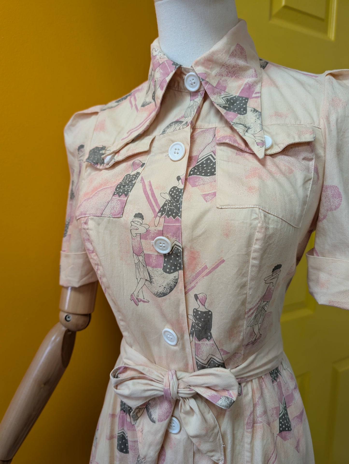 1970s Art Deco print cotton dagger collar dress - XS/6/8