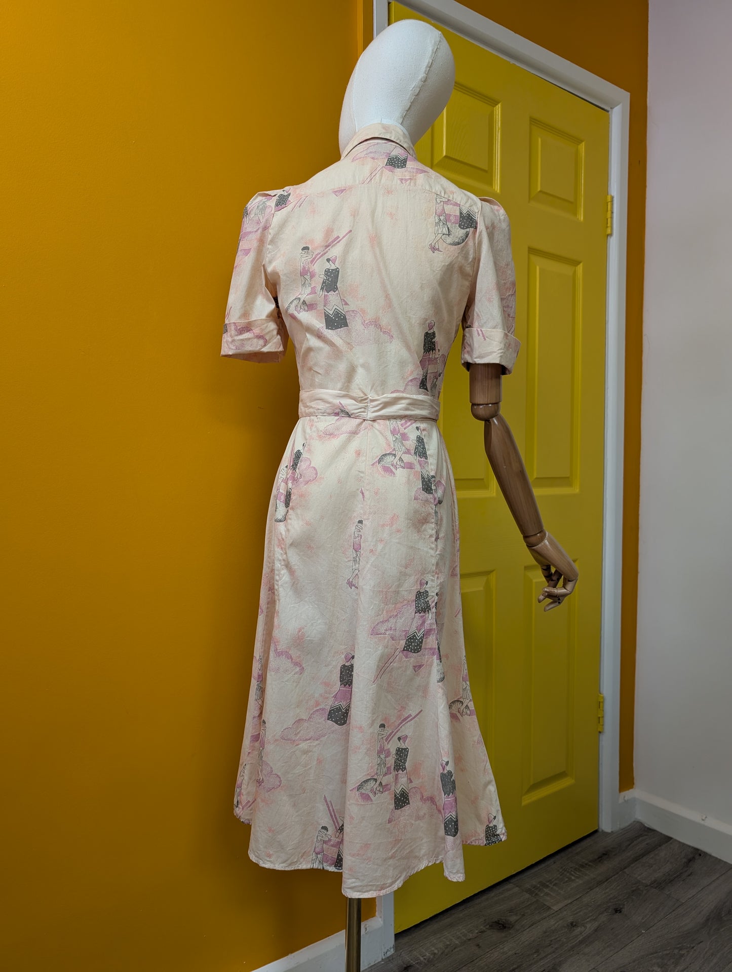 1970s Art Deco print cotton dagger collar dress - XS/6/8