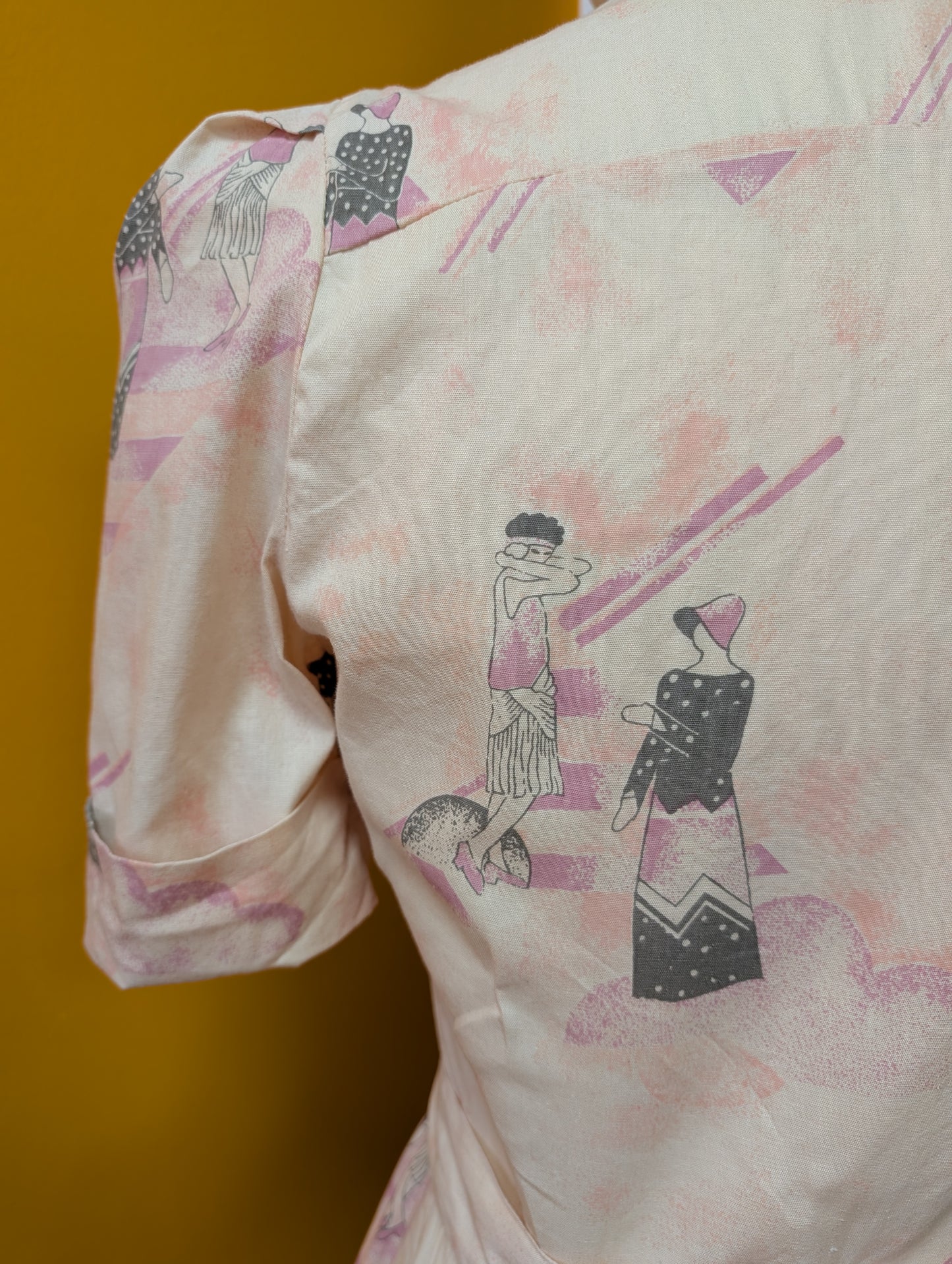 1970s Art Deco print cotton dagger collar dress - XS/6/8