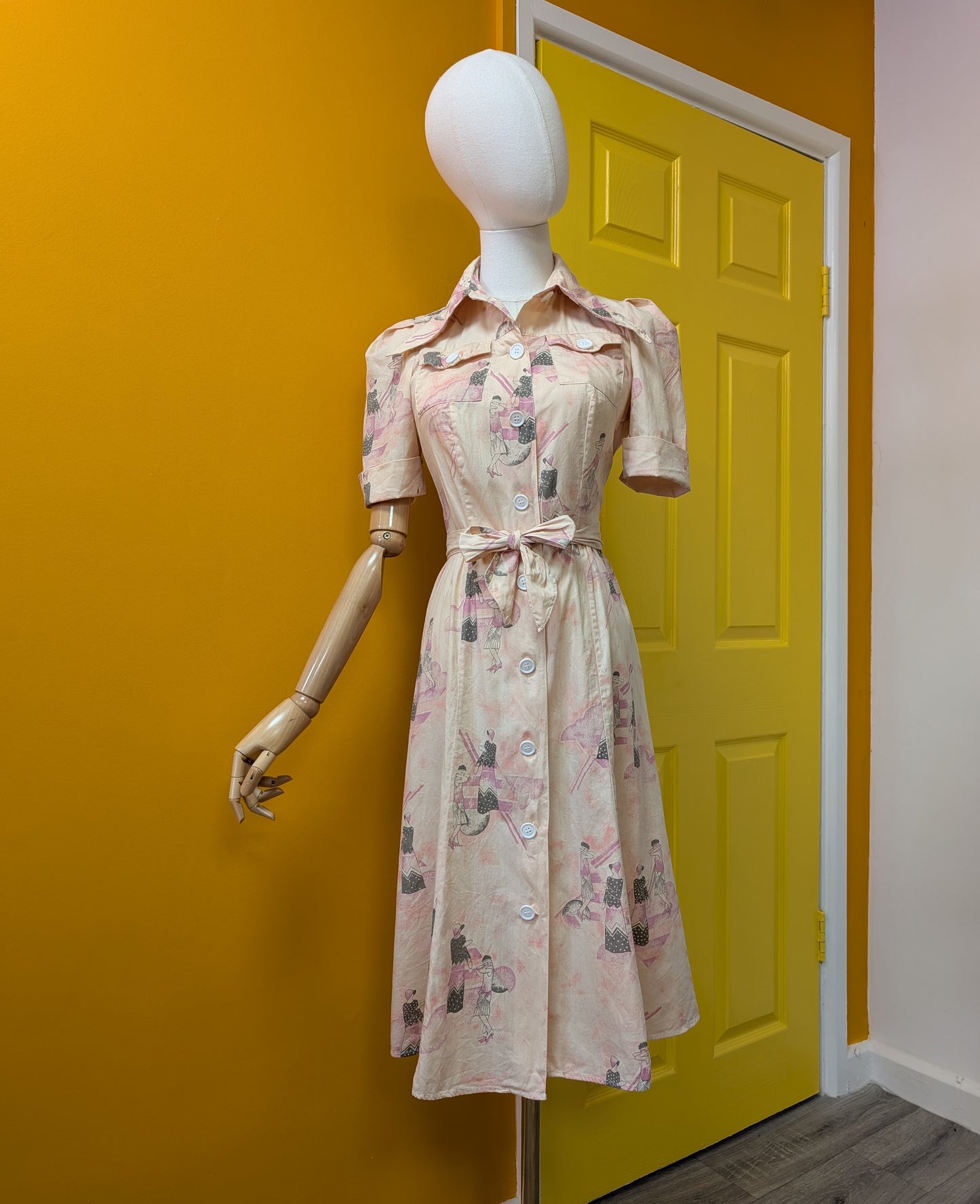 1970s Art Deco print cotton dagger collar dress - XS/6/8