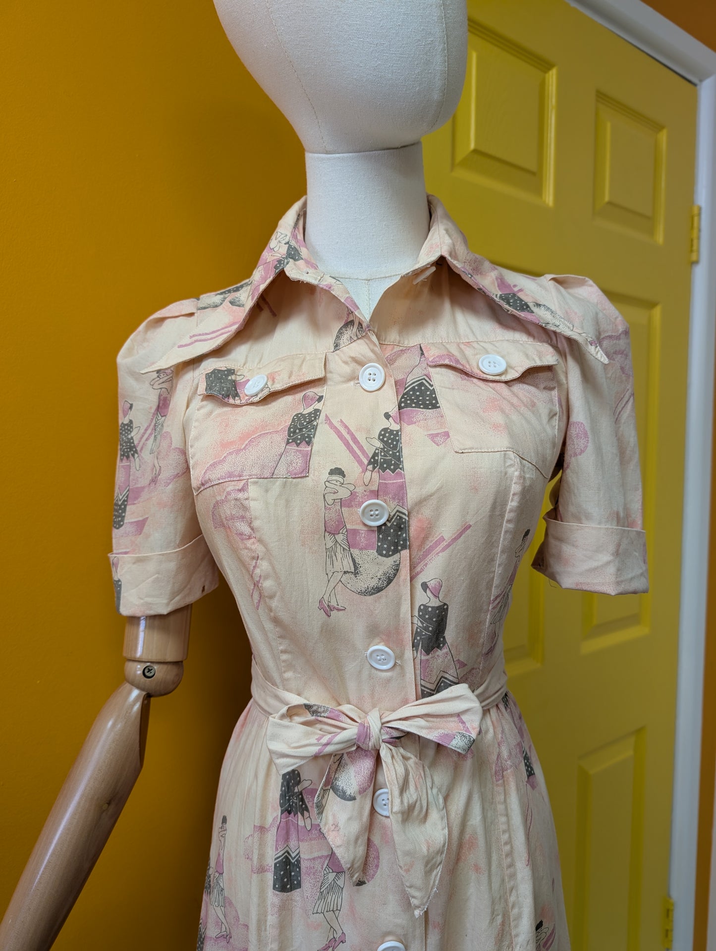 1970s Art Deco print cotton dagger collar dress - XS/6/8