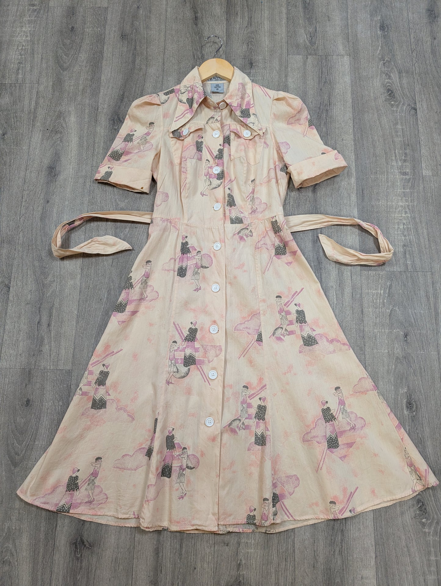 1970s Art Deco print cotton dagger collar dress - XS/6/8