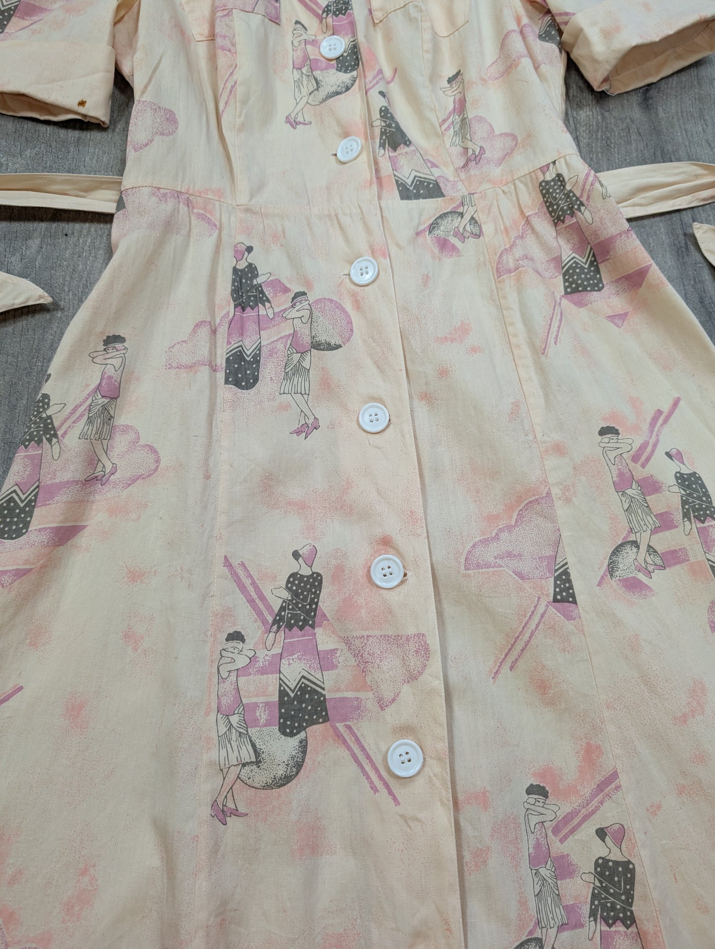 1970s Art Deco print cotton dagger collar dress - XS/6/8