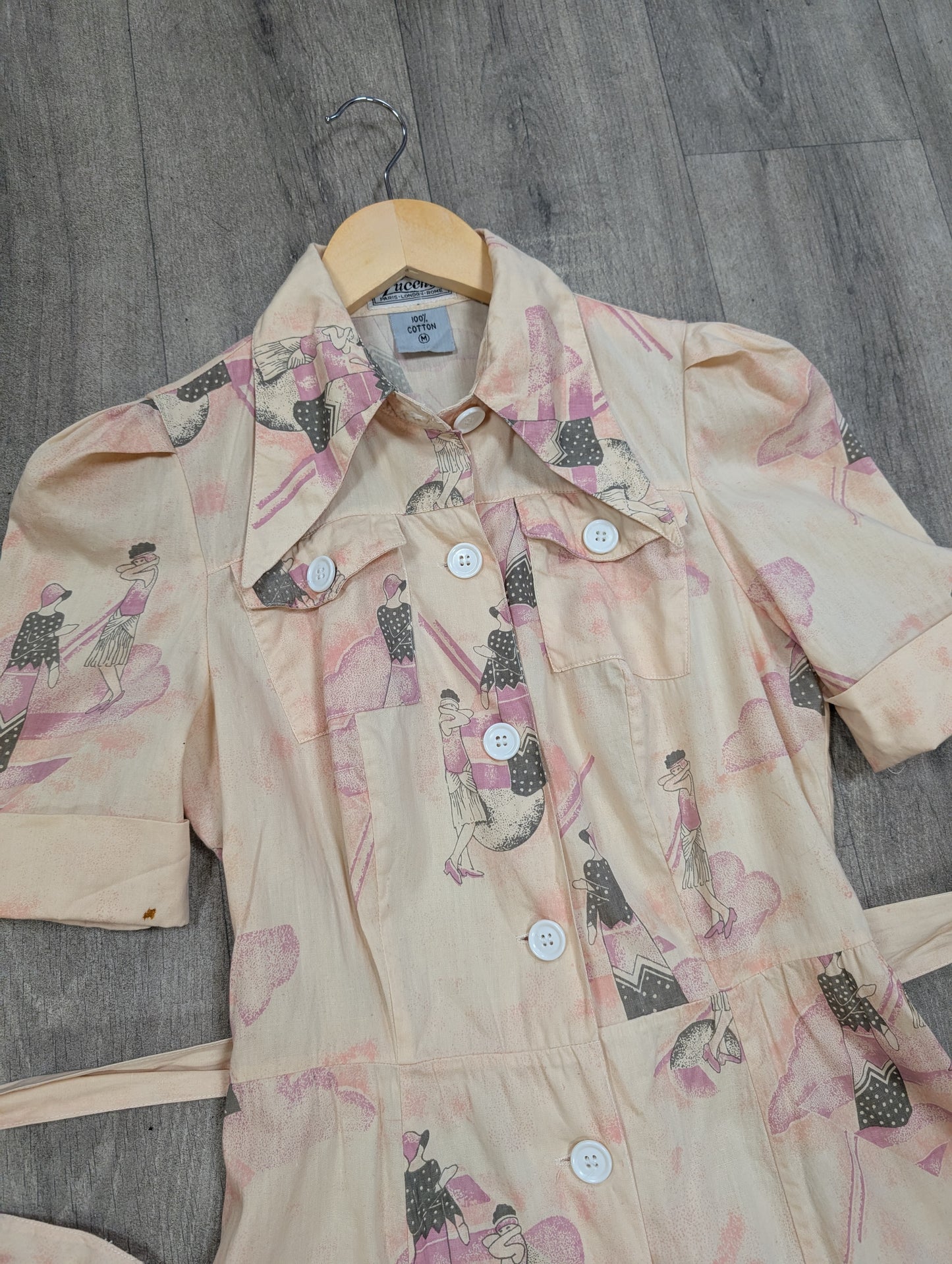 1970s Art Deco print cotton dagger collar dress - XS/6/8