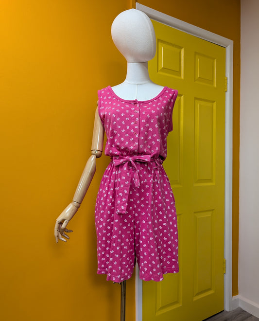 80s/90s floral cotton pink playsuit with belt - up to a M