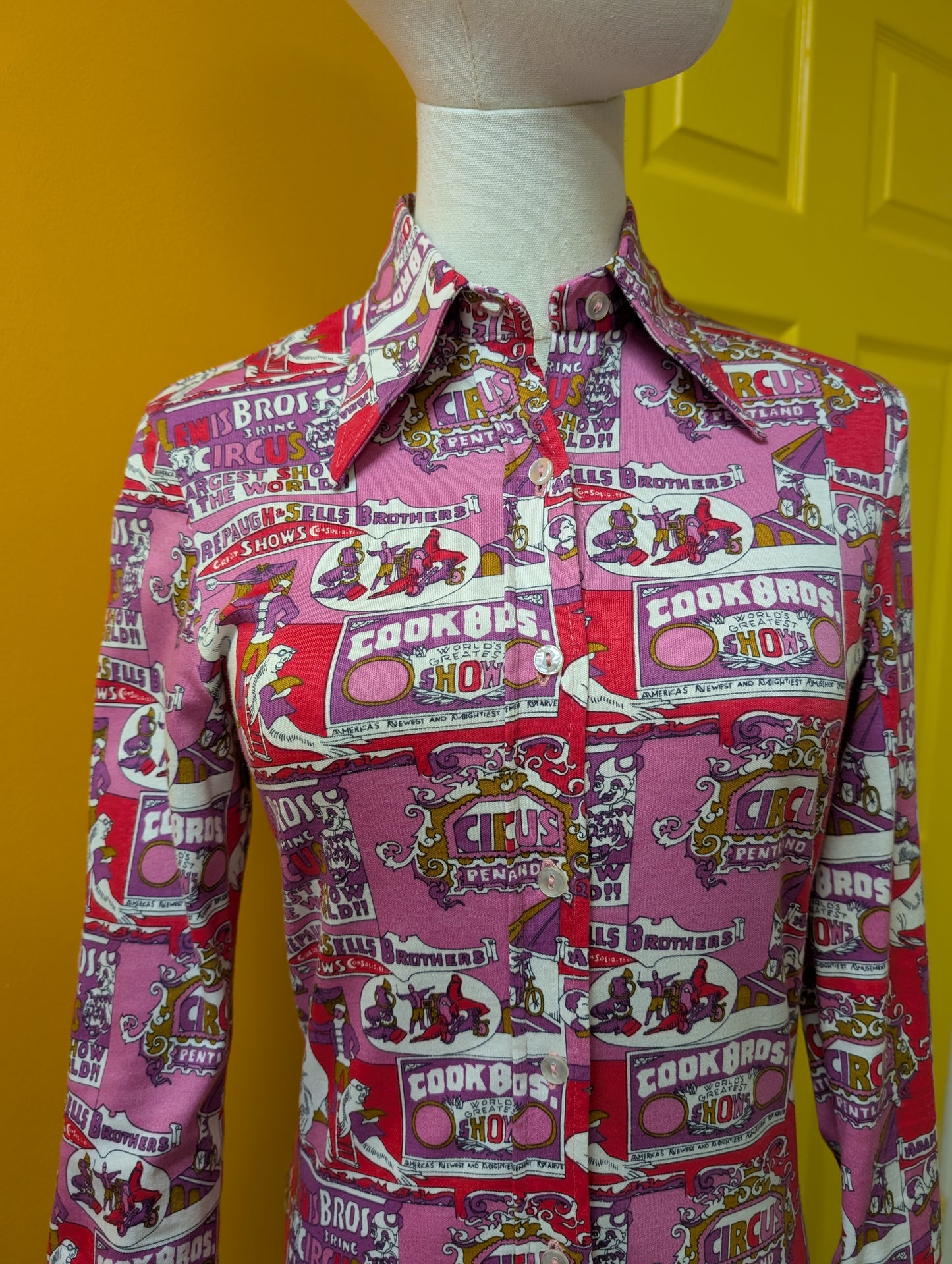 1970s Pringle pink novelty circus print cotton shirt - XS
