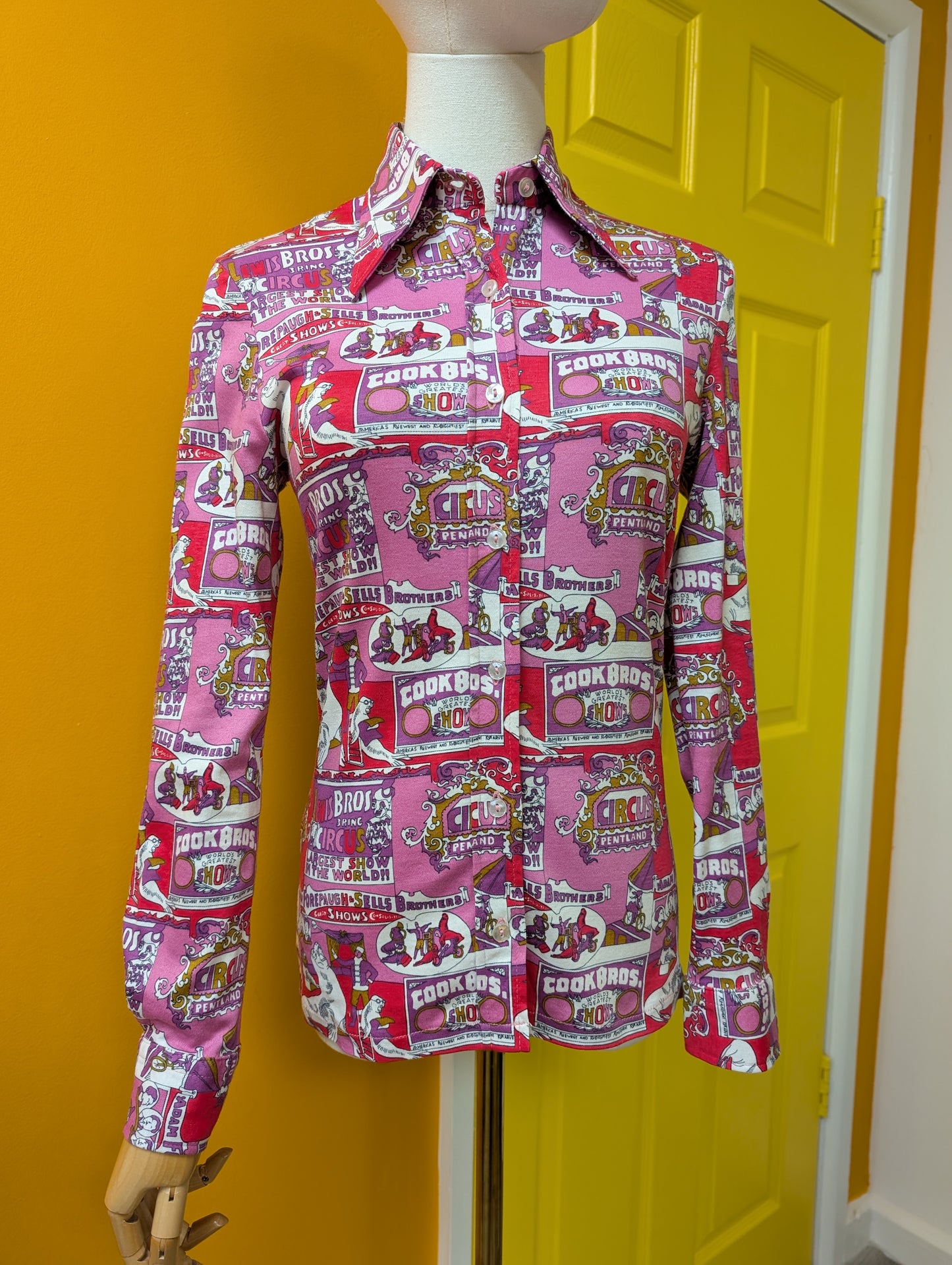 1970s Pringle pink novelty circus print cotton shirt - XS
