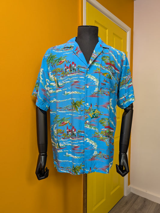 1990s Big Smith World Workers novelty print rayon shirt