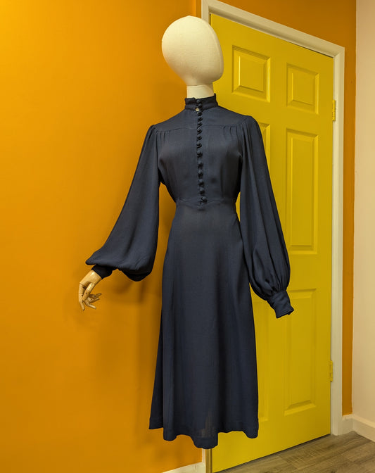 1970s Ossie Clark for Radley moss crepe navy blue dress - S/M