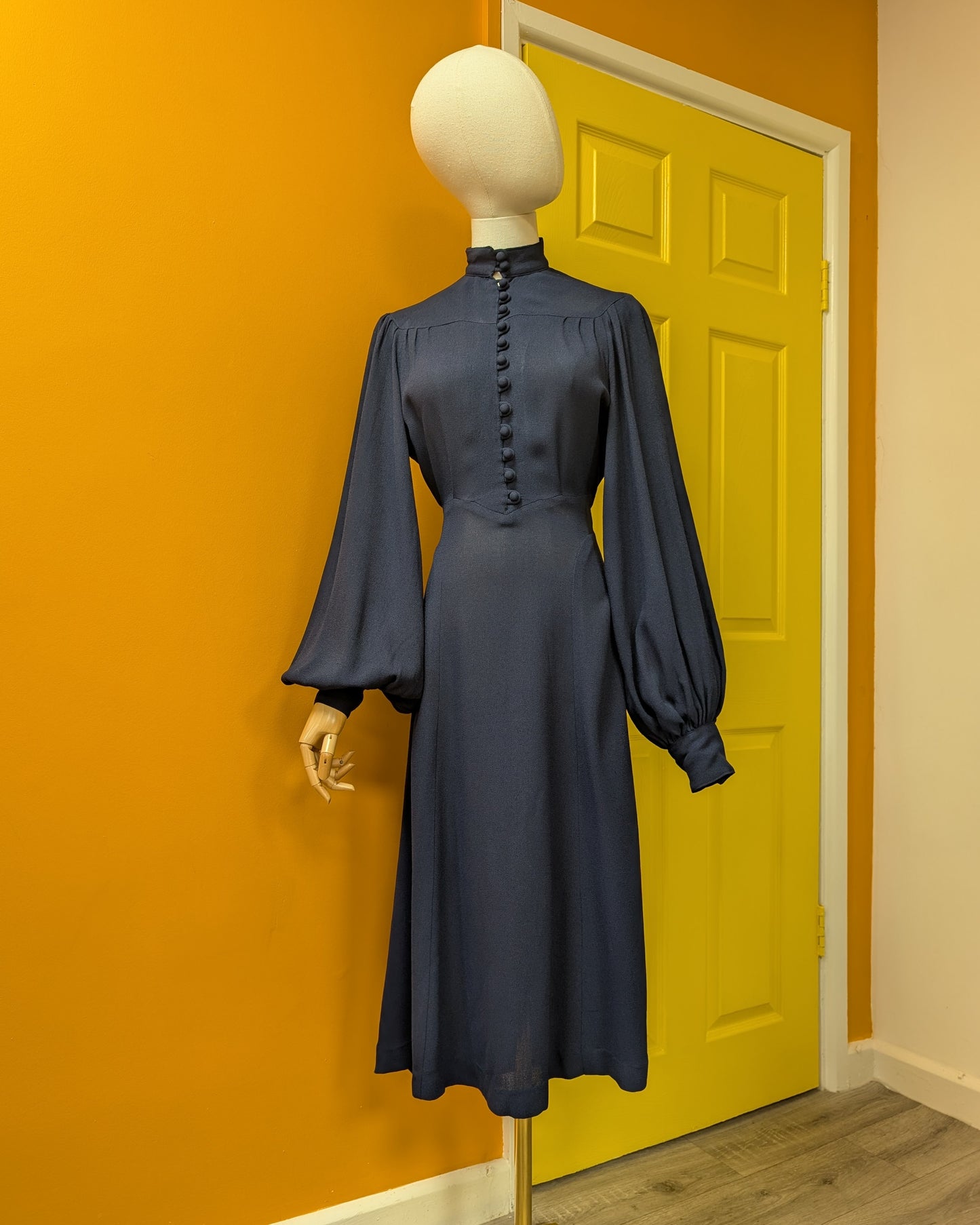 1970s Ossie Clark for Radley moss crepe navy blue dress - S/M