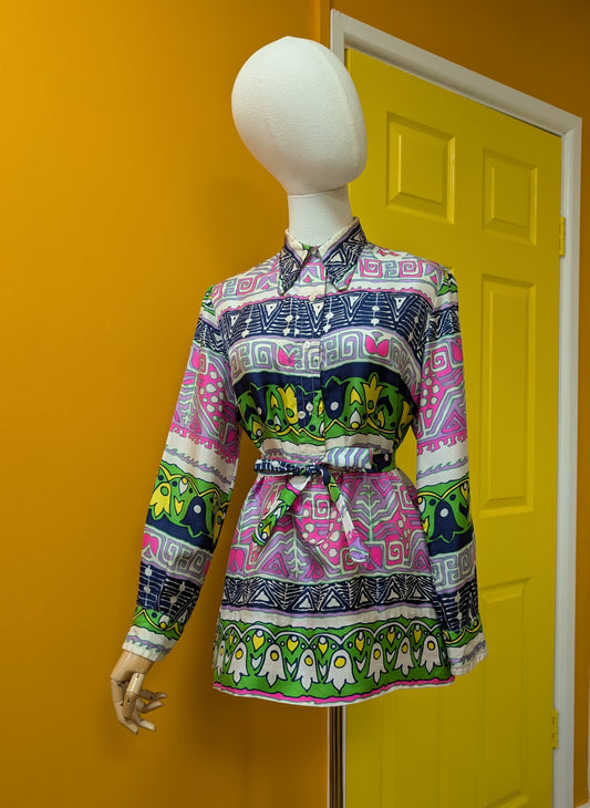 1960s Pierr Ghy Paris pure silk pink/green shirt and belt - up to a M