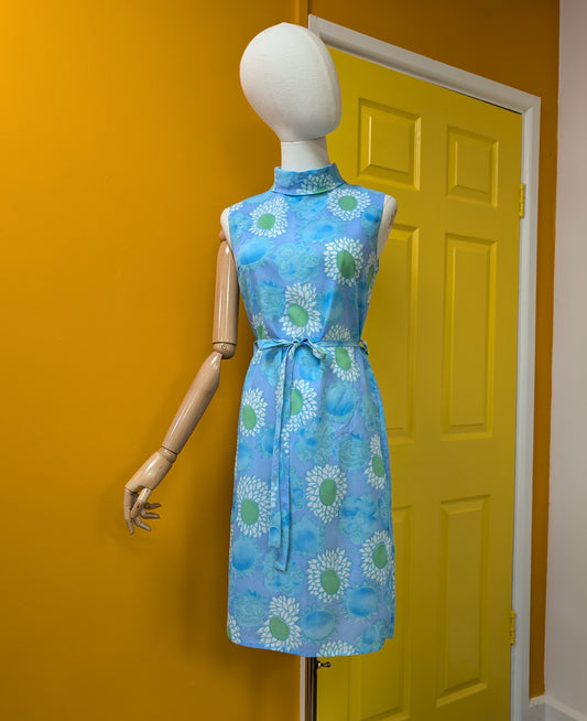1960s blue floral dress and belt - XS/S/6/8