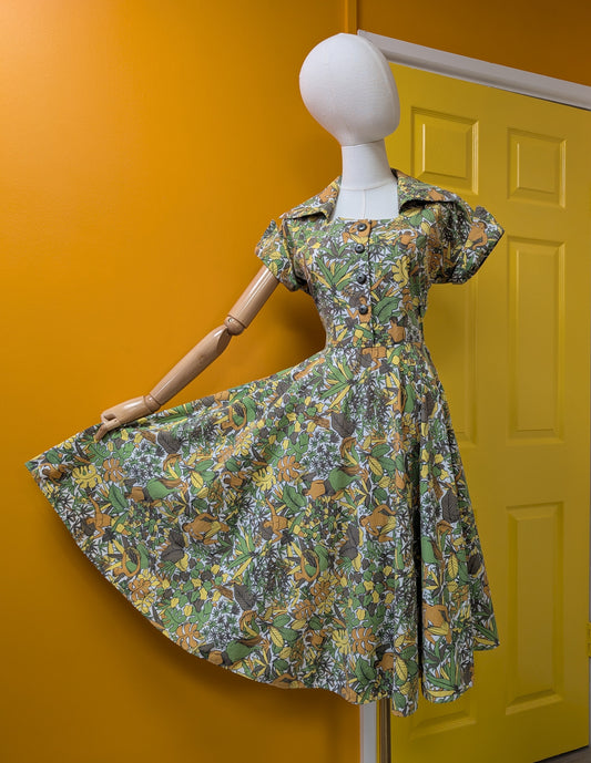 Epic 1950s Prologue novelty jungle/plant/horse print full circle cotton dress - S/10