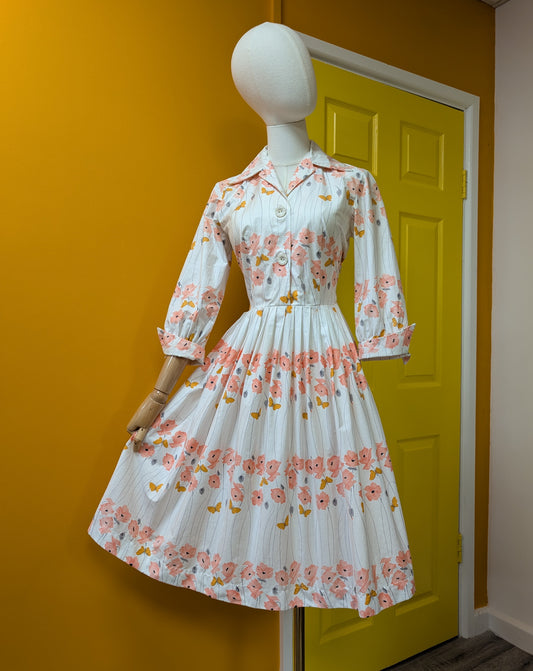 50s/60s floral butterfly print cotton dress - 37"B 29"W