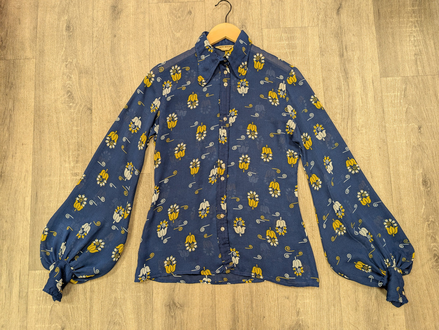 1970s Jeff Banks blue/yellow balloon sleeve shirt - S