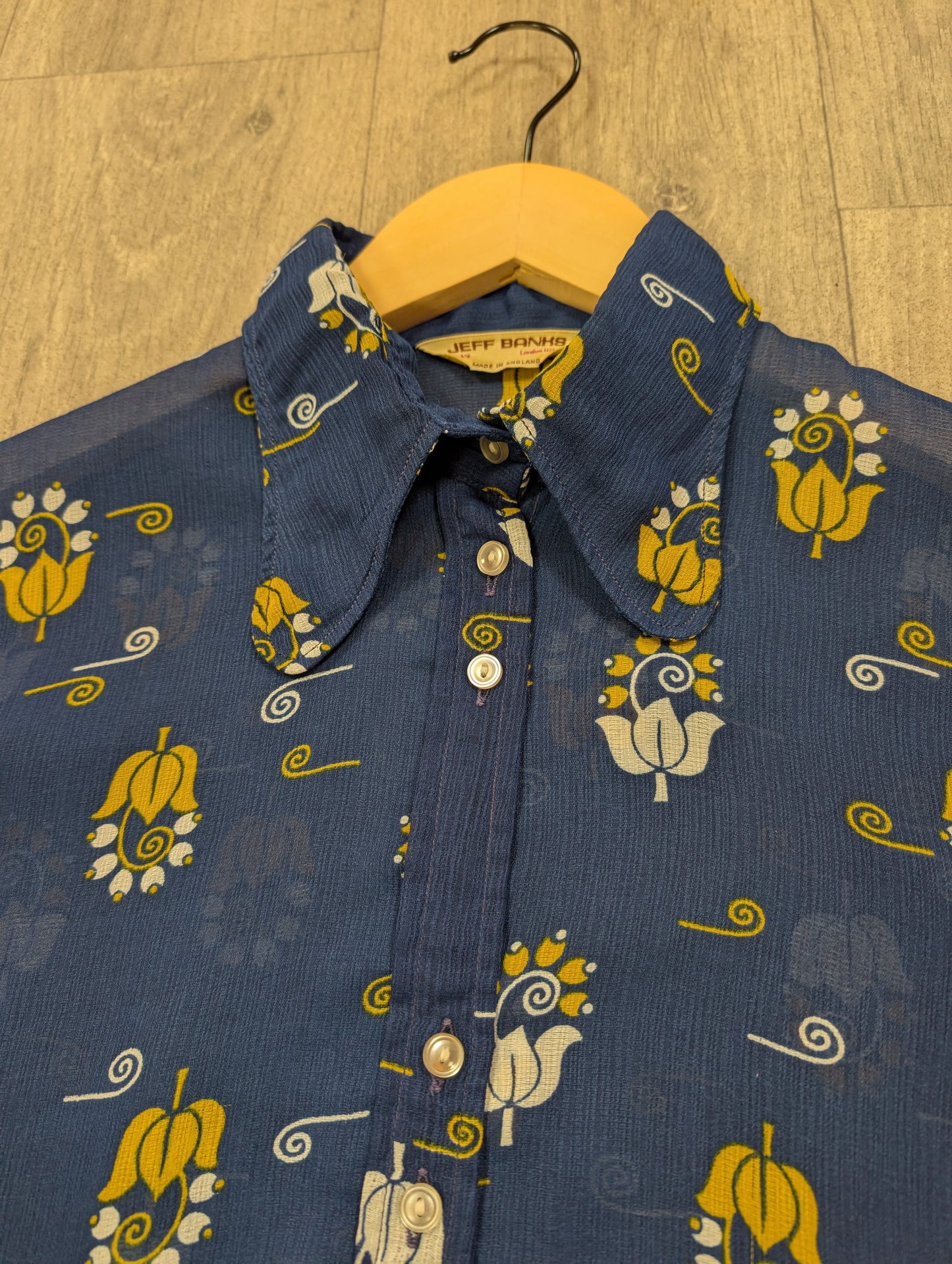 1970s Jeff Banks blue/yellow balloon sleeve shirt - S