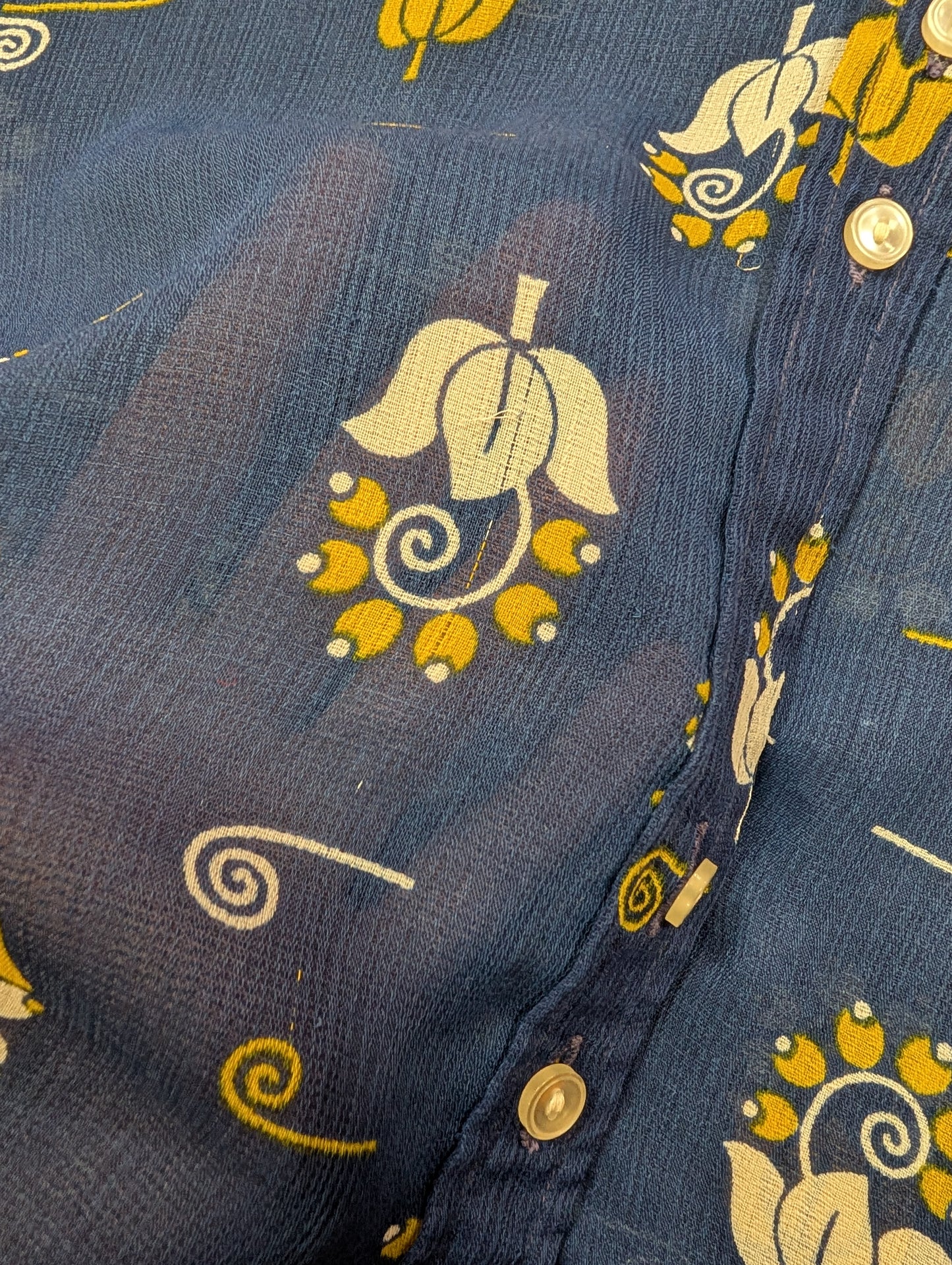 1970s Jeff Banks blue/yellow balloon sleeve shirt - S