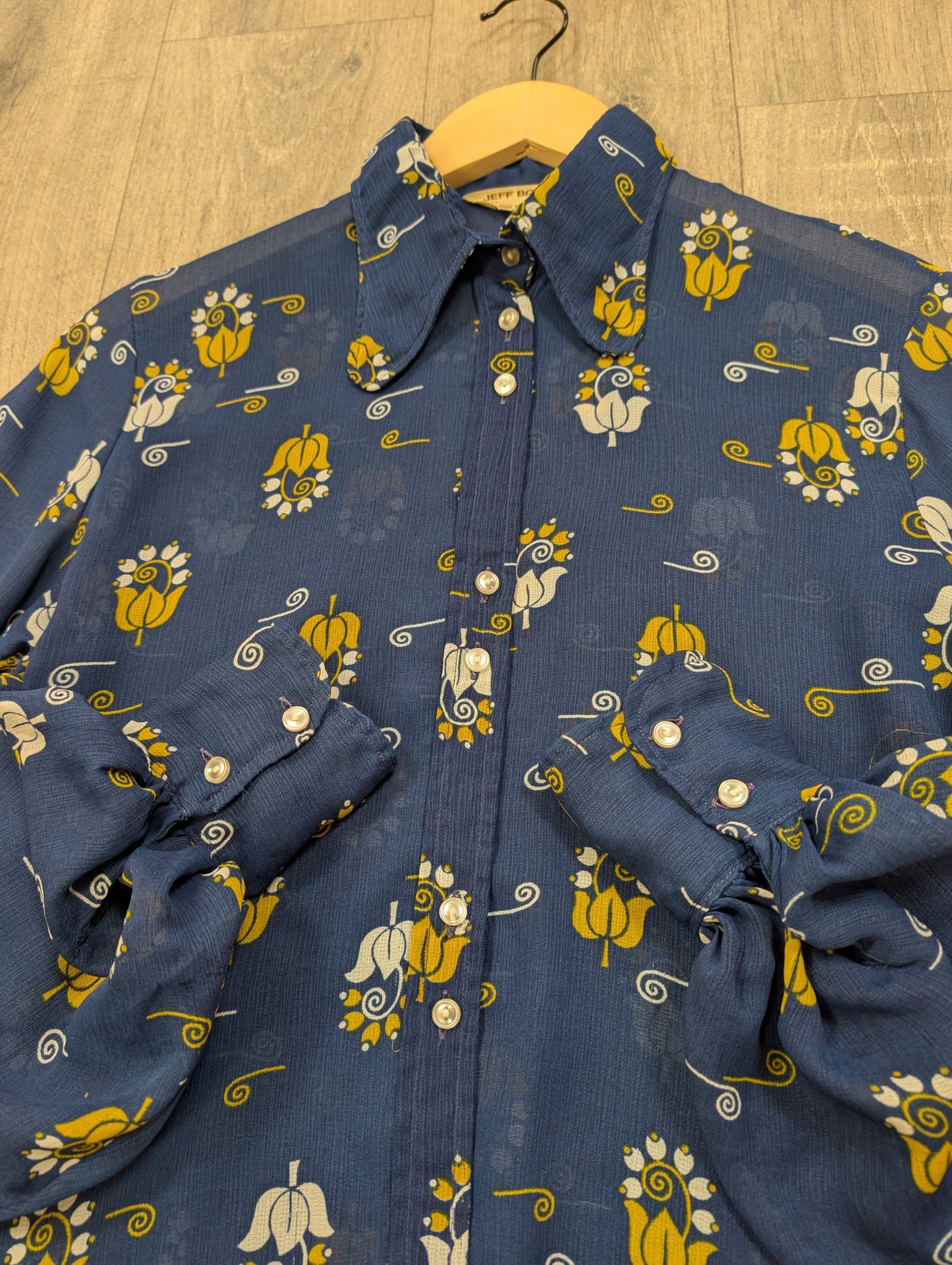 1970s Jeff Banks blue/yellow balloon sleeve shirt - S