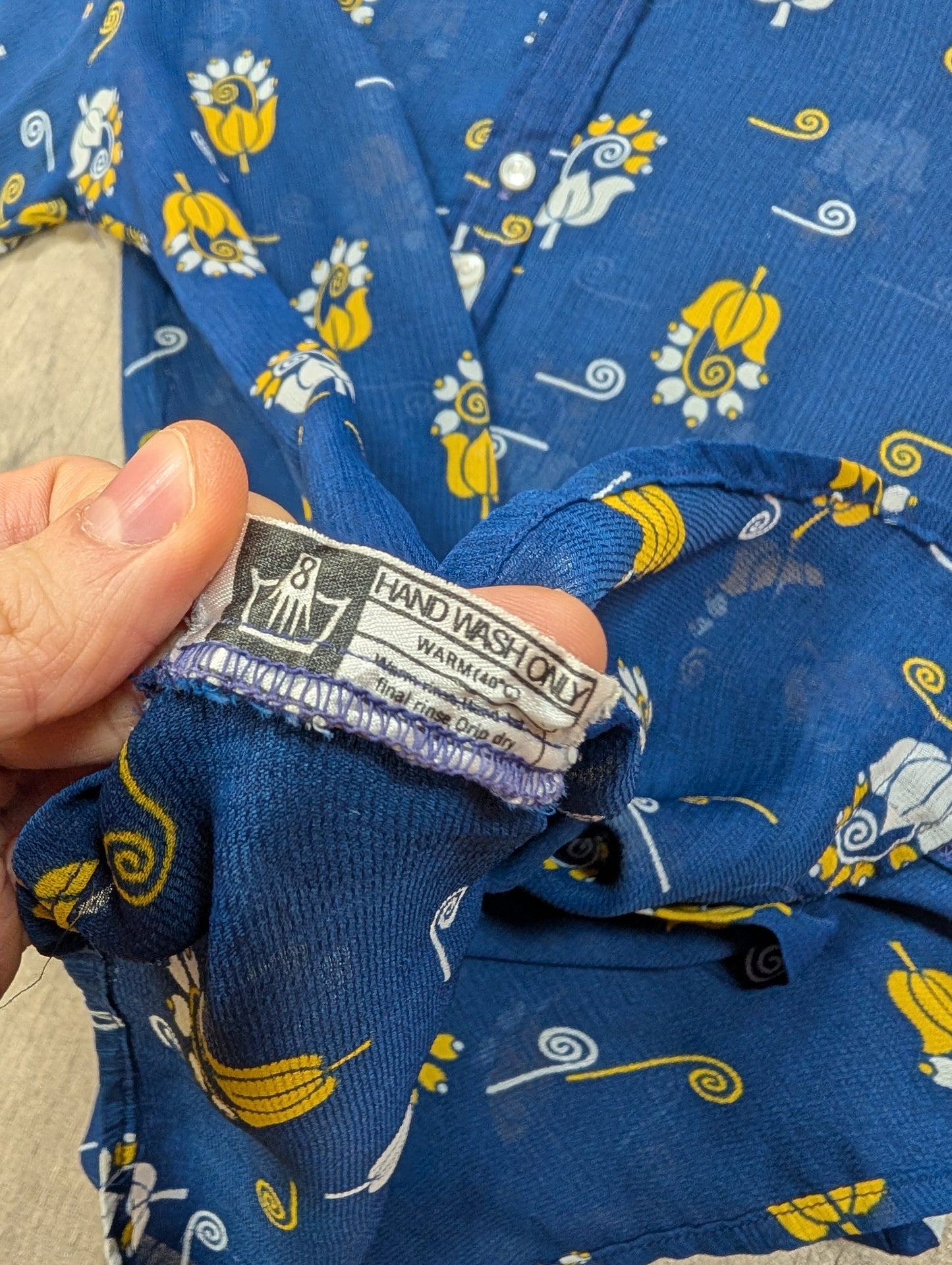 1970s Jeff Banks blue/yellow balloon sleeve shirt - S