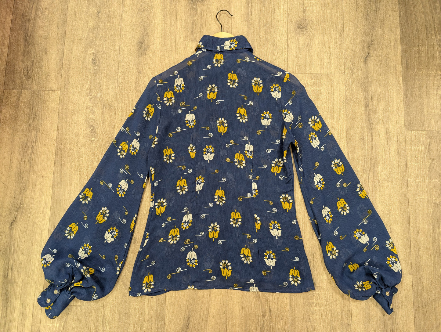 1970s Jeff Banks blue/yellow balloon sleeve shirt - S