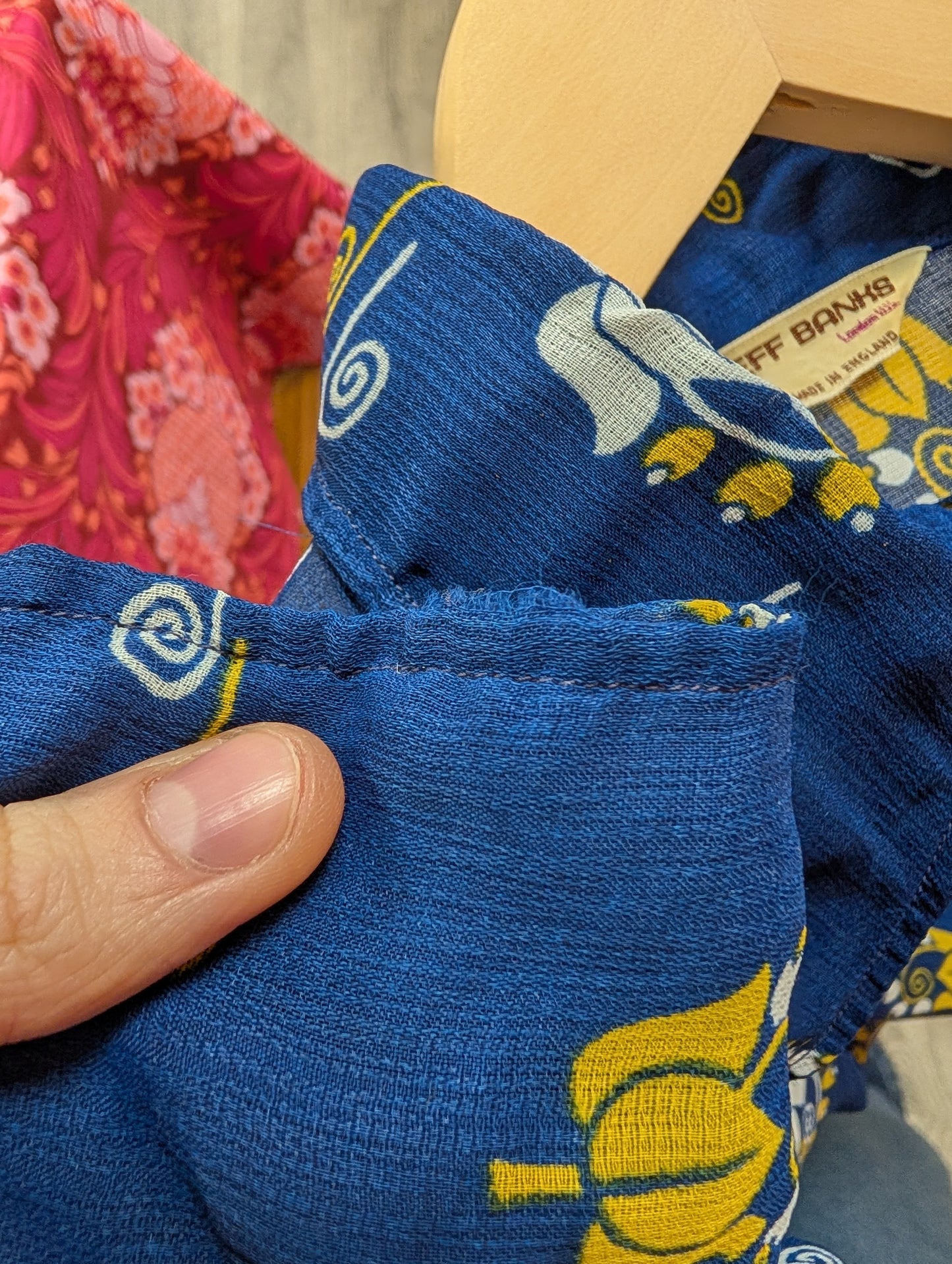 1970s Jeff Banks blue/yellow balloon sleeve shirt - S