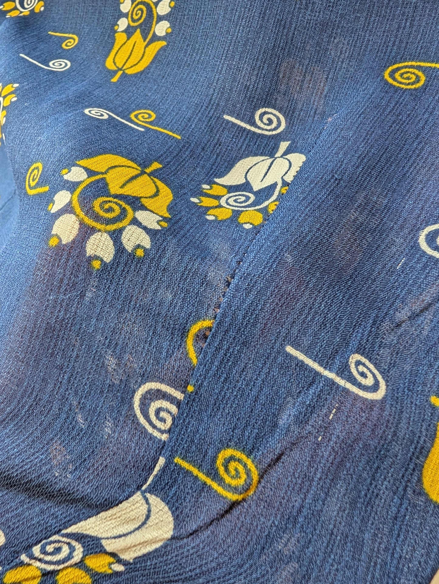 1970s Jeff Banks blue/yellow balloon sleeve shirt - S