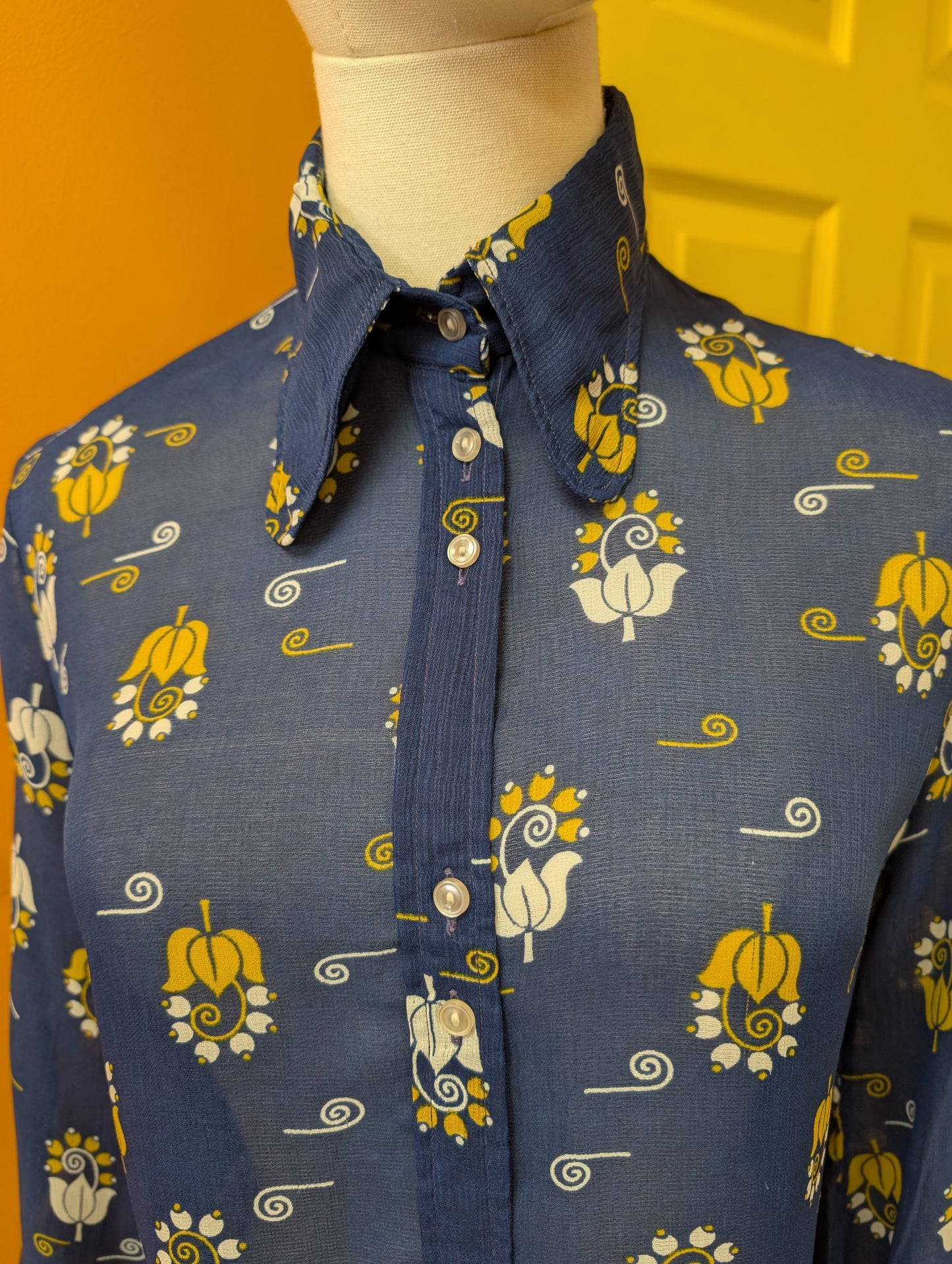 1970s Jeff Banks blue/yellow balloon sleeve shirt - S
