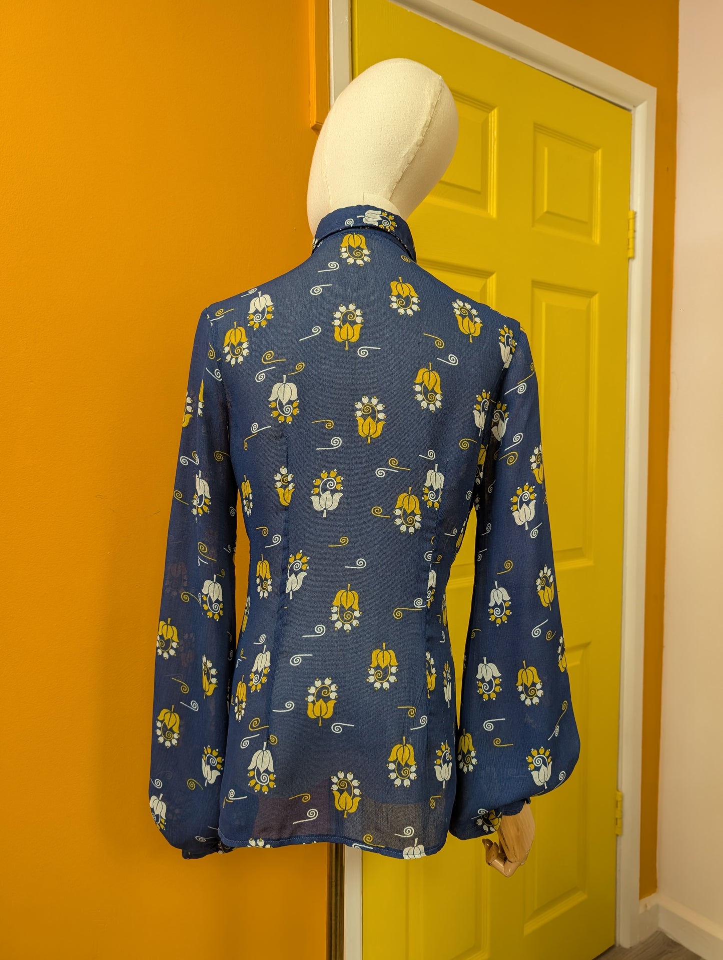 1970s Jeff Banks blue/yellow balloon sleeve shirt - S