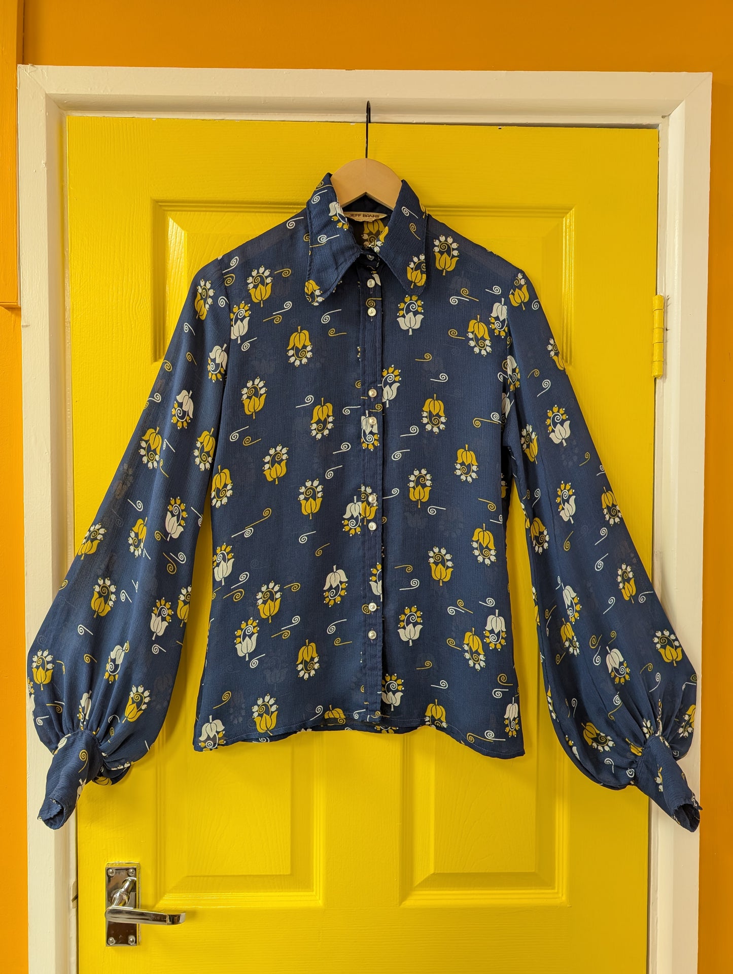 1970s Jeff Banks blue/yellow balloon sleeve shirt - S