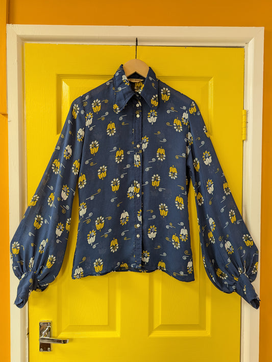 1970s Jeff Banks blue/yellow balloon sleeve shirt - S