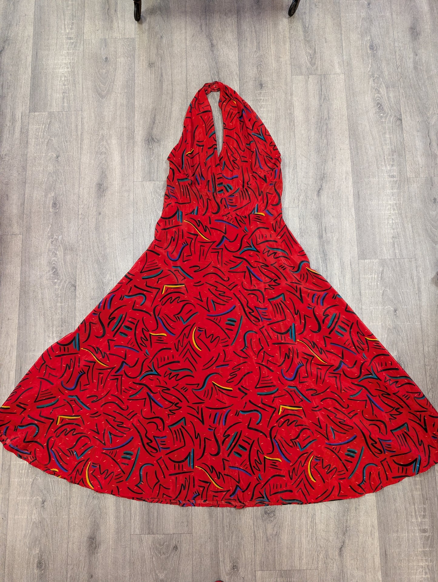 1980s red halter neck abstract print dress - S/10