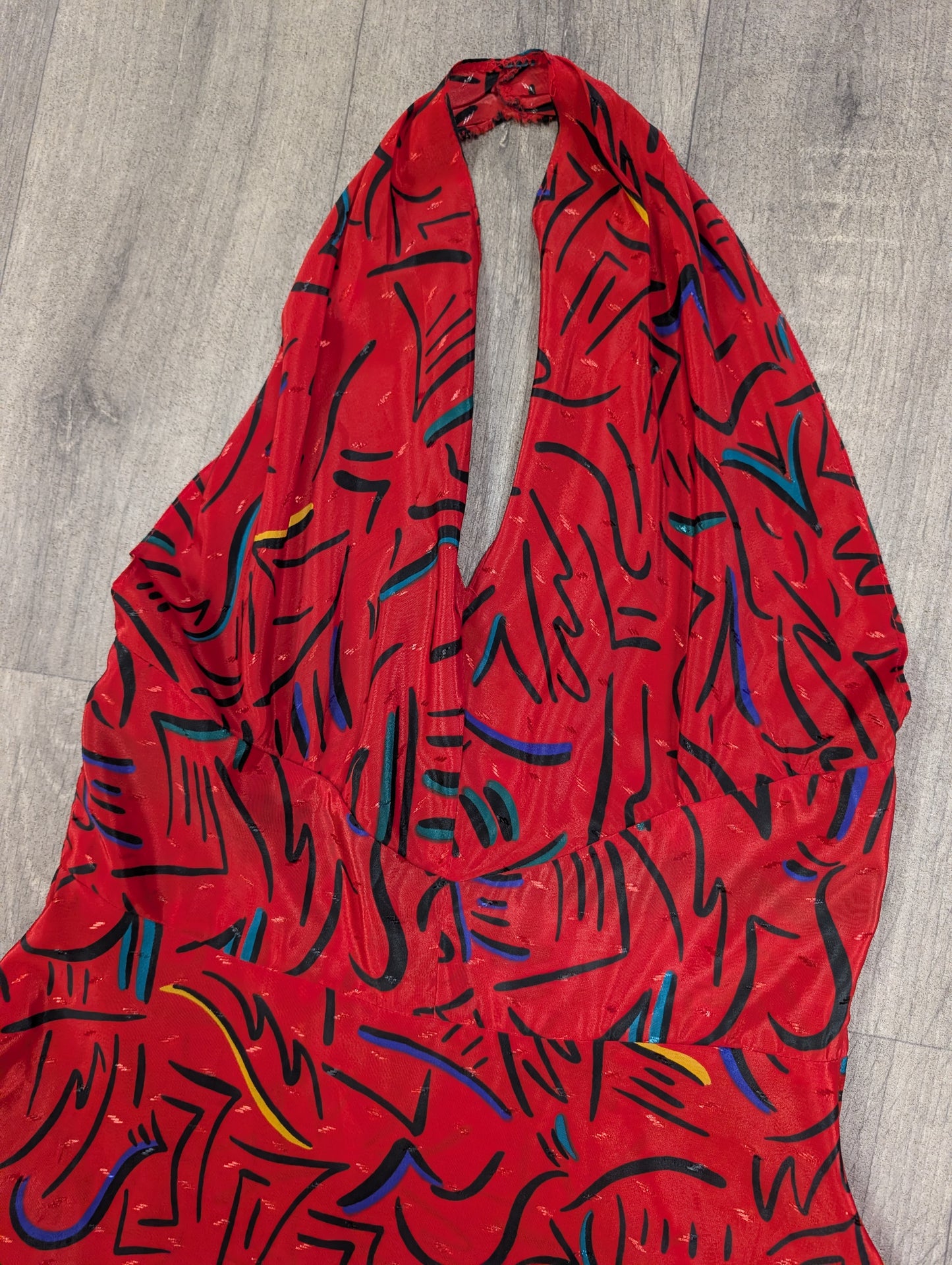 1980s red halter neck abstract print dress - S/10