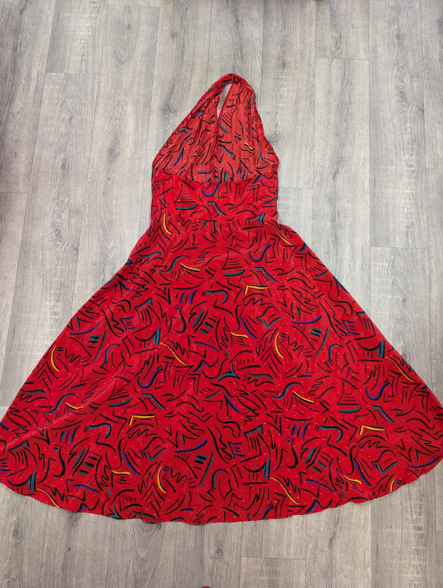1980s red halter neck abstract print dress - S/10