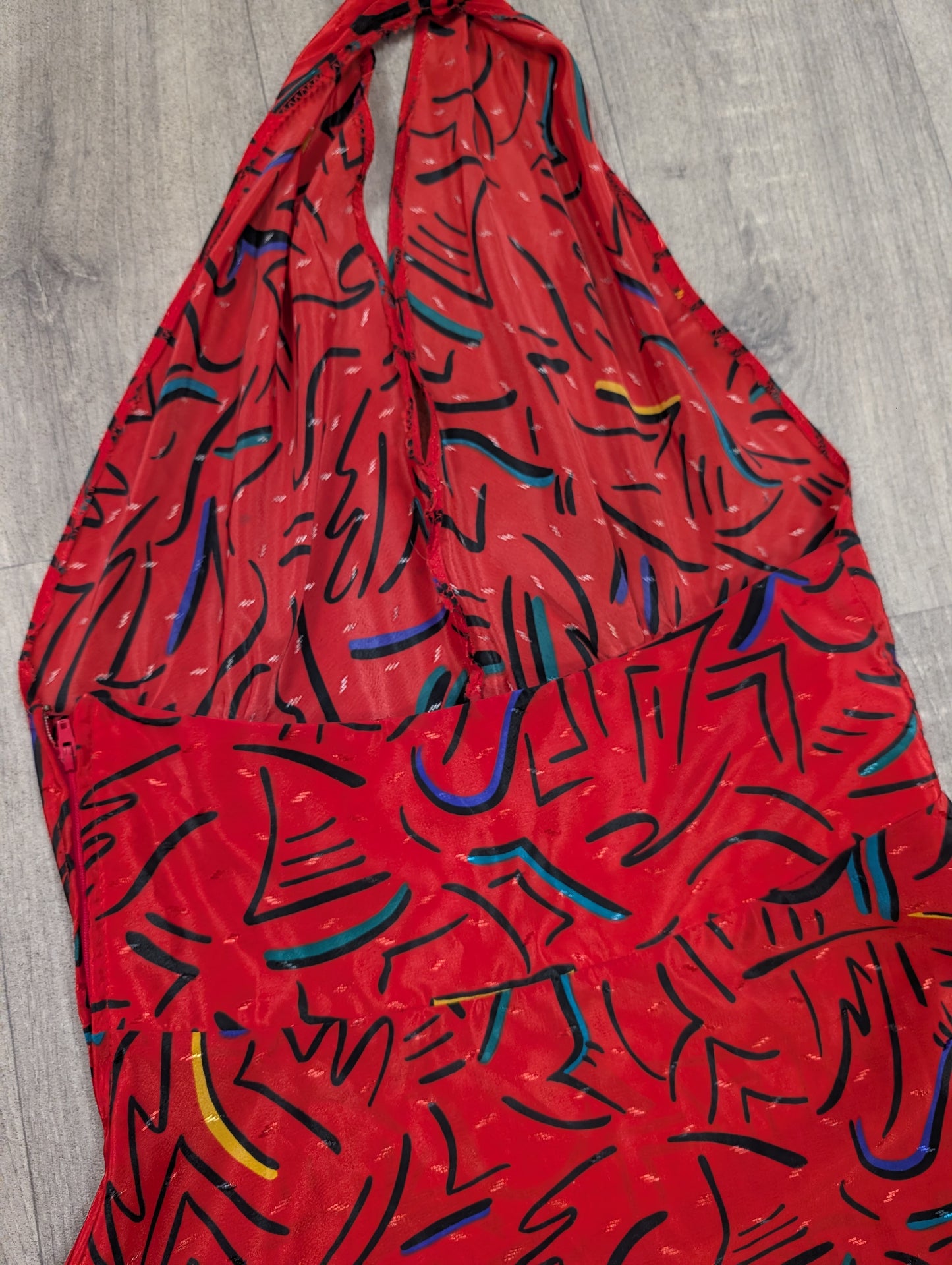 1980s red halter neck abstract print dress - S/10