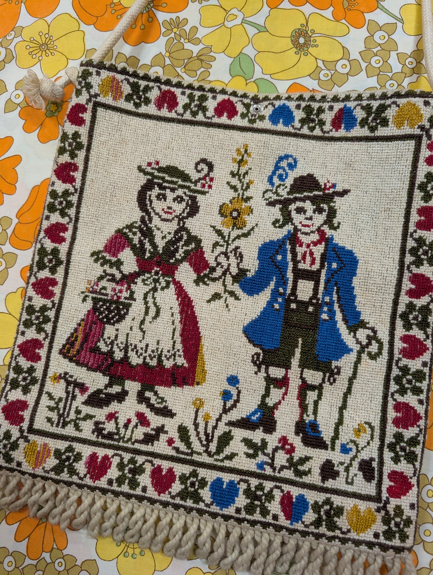 Wool tapestry needlepoint folk art souvenir bag