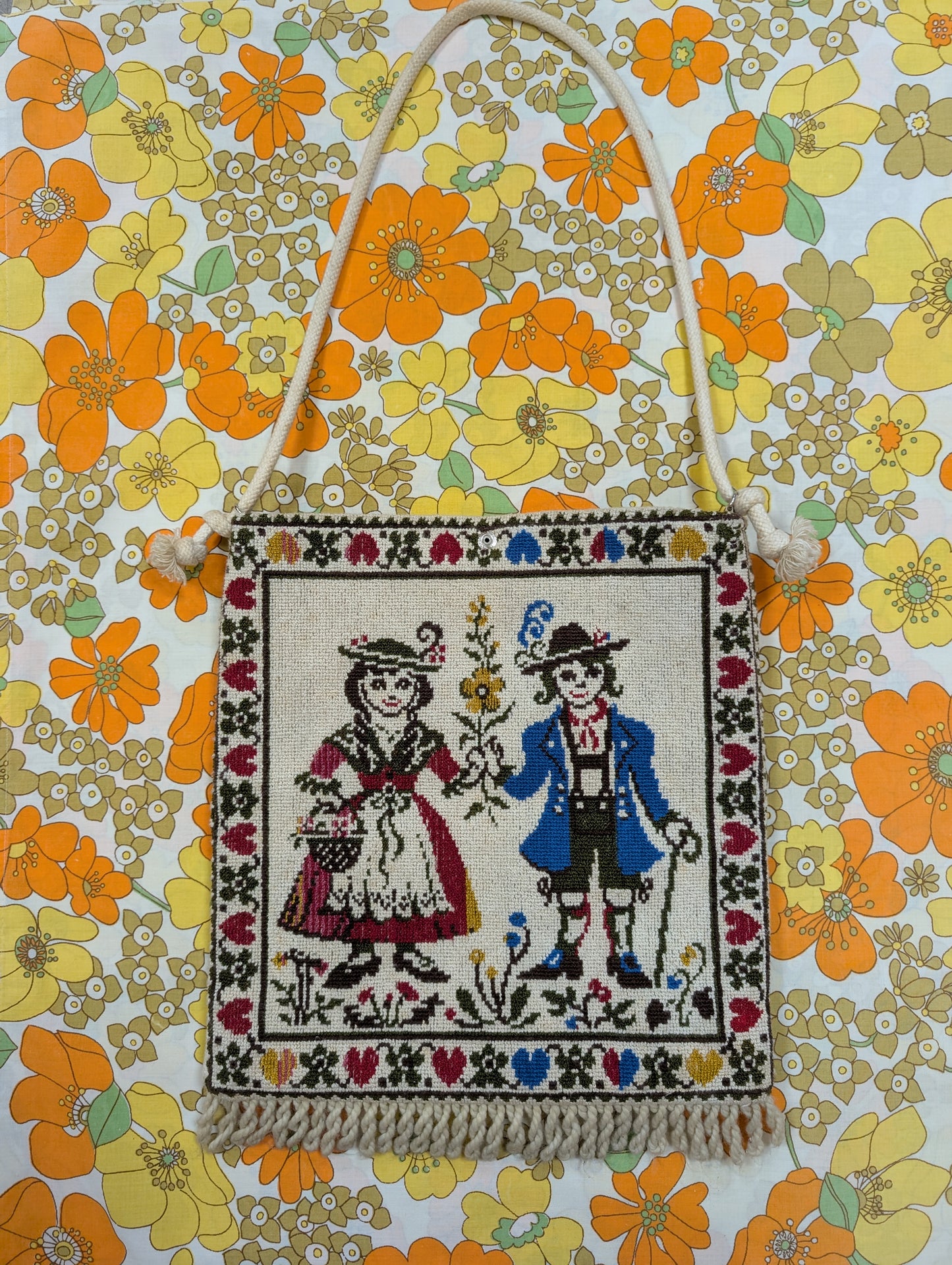 Wool tapestry needlepoint folk art souvenir bag