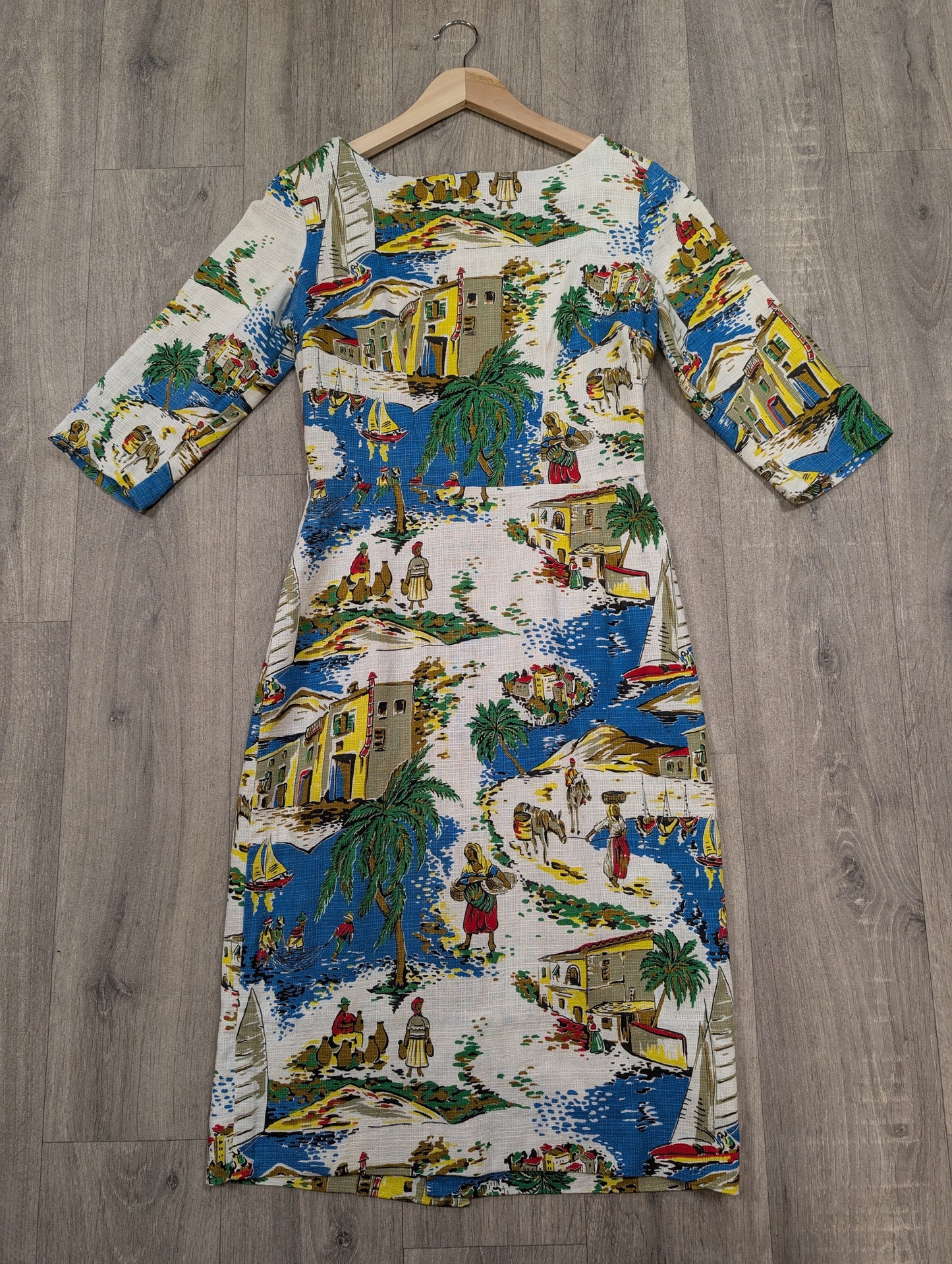 50s/60s Selincourt novelty print barkcloth dress - S/10
