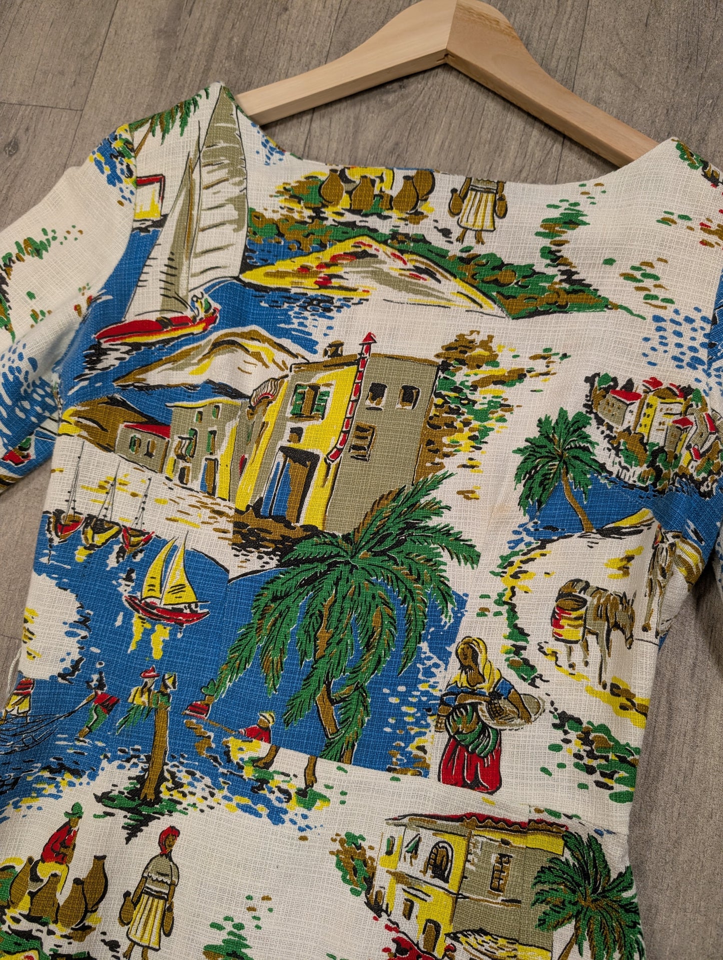 50s/60s Selincourt novelty print barkcloth dress - S/10